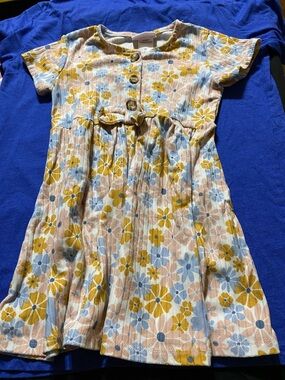 Little Lass Peach Floral Short Sleeve Dress with Mustard & Light Blue